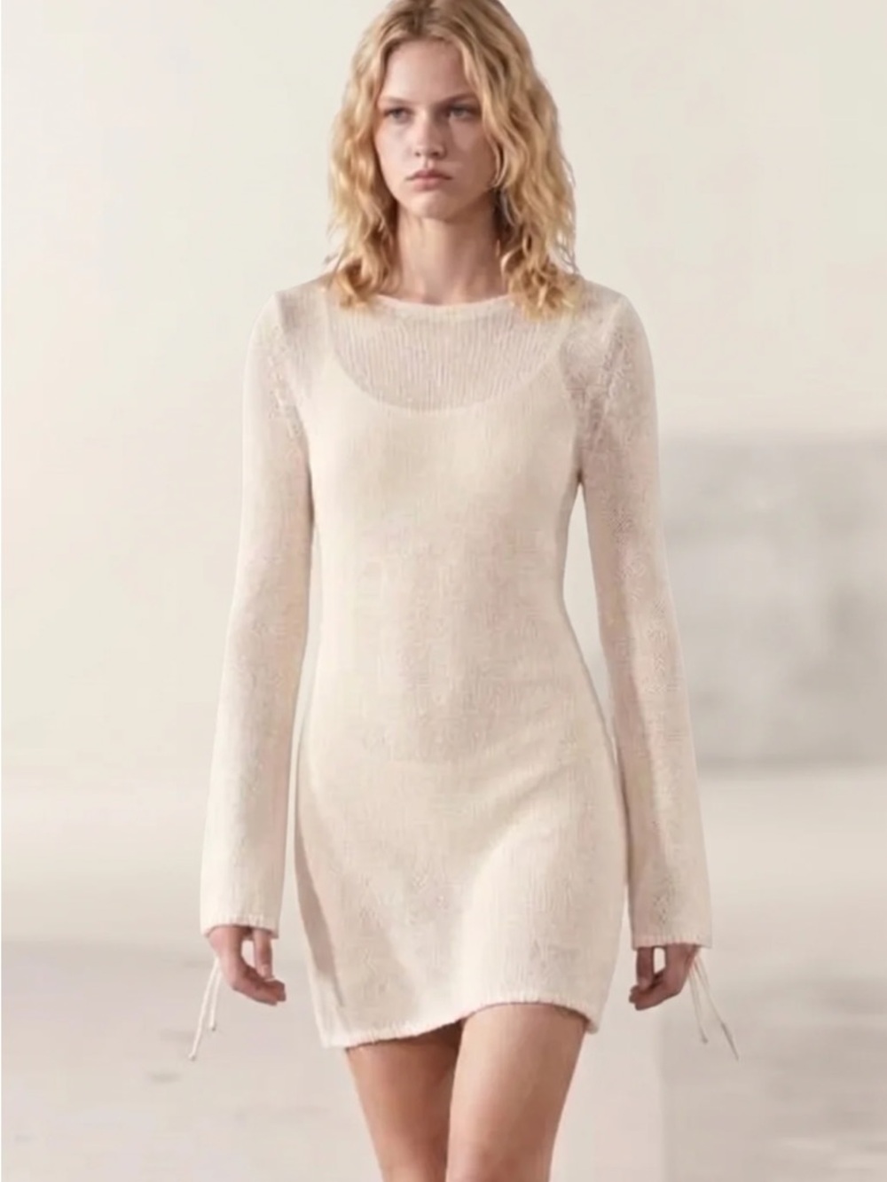 Zara Cream Long-Sleeve Knit Shift Dress